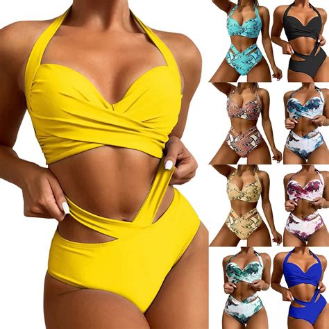 Sólido Halter Cruz Bandagem Bikini Maiô Mulher Bandeau Conjunto De