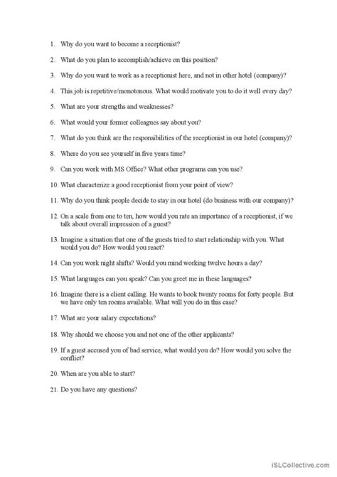 Interview Questions Receptionis English Esl Worksheets Pdf Doc