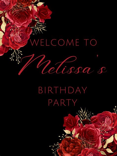 Editable Red Black And Gold Birthday Welcome Sign Floral Etsy