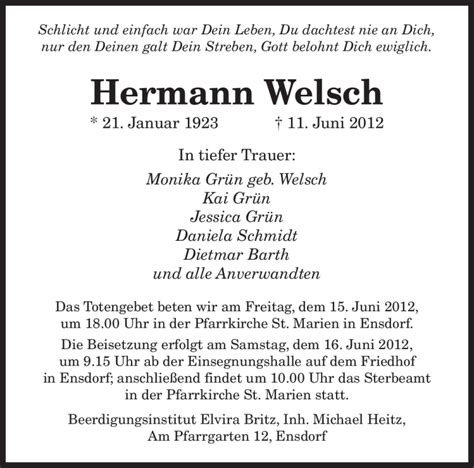 Traueranzeigen Von Hermann Welsch Saarbruecker Zeitung Trauer De