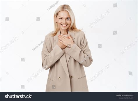 Smiling Blond Mature Woman Grandmother Trench Stock Photo 2218068489