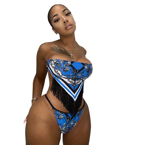 New Arrivals Summer Two Piece Print Tassel Sexy Backless Swimming Suit Bikini Women Clothing