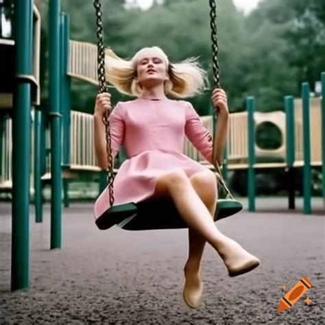 Woman With Blonde Pigtails Swinging In Playground In Pink Dress On Craiyon