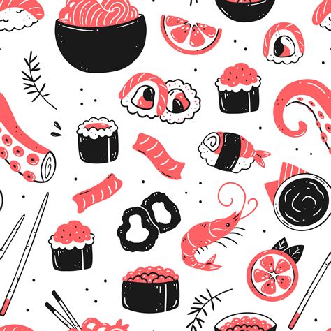 Seamless Pattern With Japanese Sushi Food On A White Background Vector