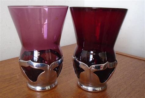 Farber Bros Art Deco Drinking Glasses Cambridge Chrome Base Red Amethyst 1850287359