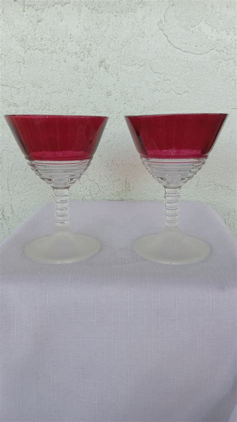 Vintage Cranberry Dessert Wine Glasses Set Of Two Flashed Glass Drinkware Barware Valentines