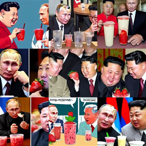 Vladimir Putin And Kim Jung Un Drinking A Strawberry Stable Diffusion