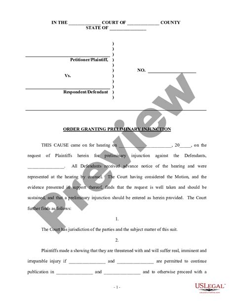 Order Granting Preliminary Injunction Order Injunction Us Legal Forms