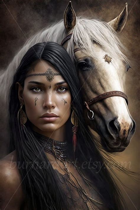 A Painting Of A Woman And A Horse With Long Black Hair Wearing Native