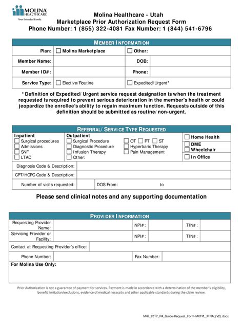 Fillable Online Prior Authorization Form Molina Healthcare Fax