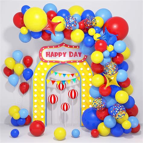 Kit De Guirnalda De Arco De Globos De Circo De Carnaval 121pcs Confeti Rojo Azul Amarillo