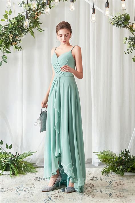 Fashion Sage Green Chiffon High Low Pleated Bridesmaid Dress Vq