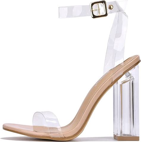 Cape Robbin Maria 2 Lucite Clear Strappy Block High Heel Open Peep Toe Sandals Nude Transparent