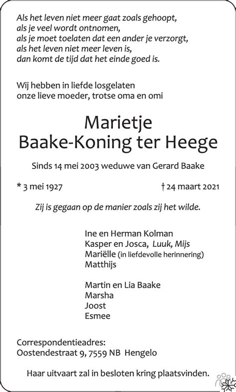 Marietje Baake Koning Ter Heege Overlijdensbericht En