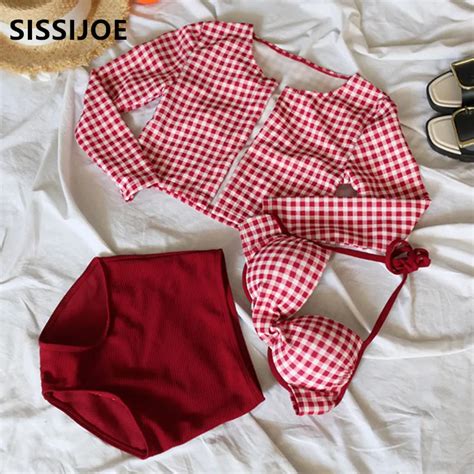 Push Up Swimwear Korea New Style High Waist Bikini Set Gird Long Sleeve