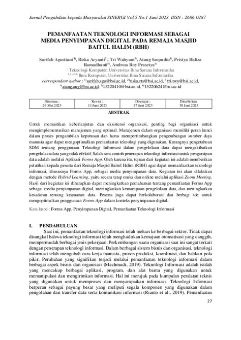 Pdf Pemanfaatan Teknologi Informasi Sebagai Media Penyimpanan Digital