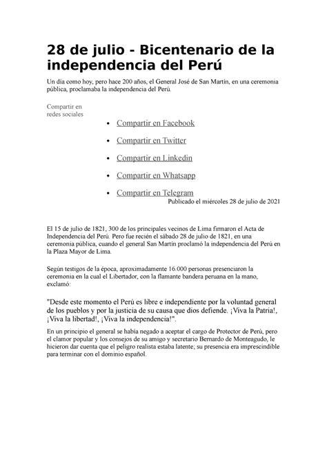 Independencia 2 Historia Del Peru 28 De Julio Bicentenario De La Independencia Del Perú Un