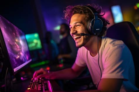 Premium Ai Image A Happy Gamer Man Wearing Headphones Is Using A