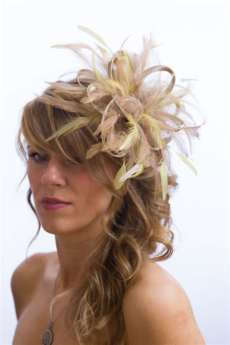 Taupe Nude Satin And Feathers With Yellow Highlights Feather Small Fascinator Hat Abbie
