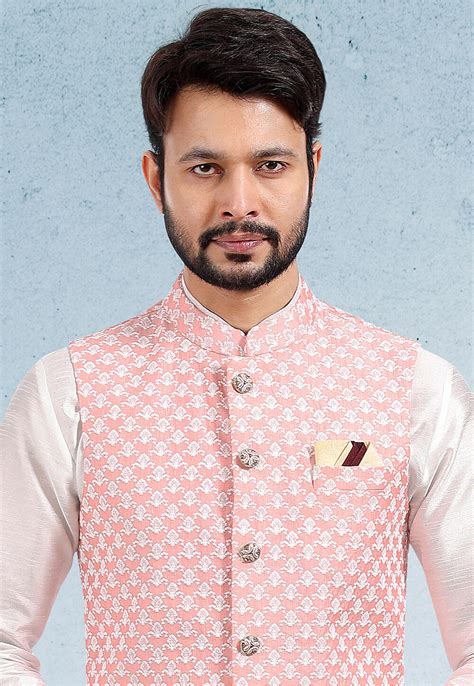 Buy Embroidered Art Silk Jacquard Nehru Jacket In Peach Online