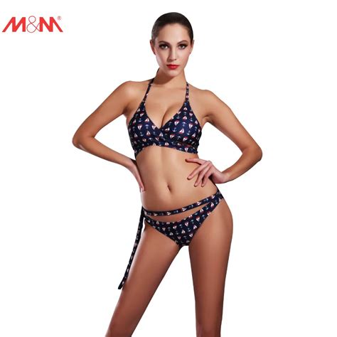 Halter Ship Anchor Printed Swimsuit Sexy Bathing Suit Push Up Swimwear Women Bikini Set