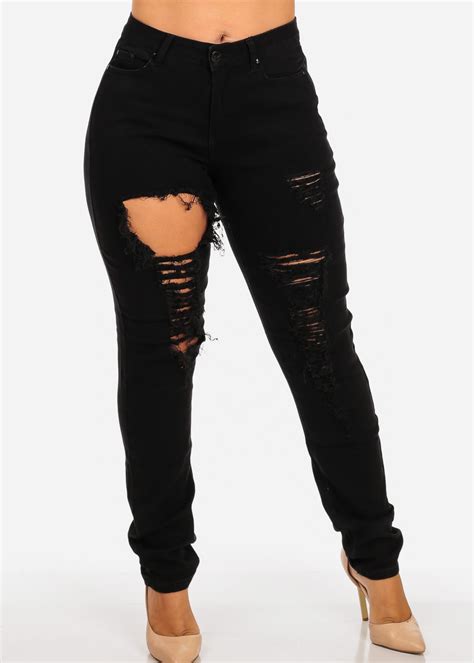 Moda Xpress - Womens Juniors Plus Size High Waisted Ripped Solid Black Skinny Jeans 10548R ...