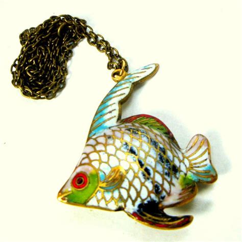 Cloisonne TROPICAL Fish Pendant On A Dark Bronze Gold Chain Necklace