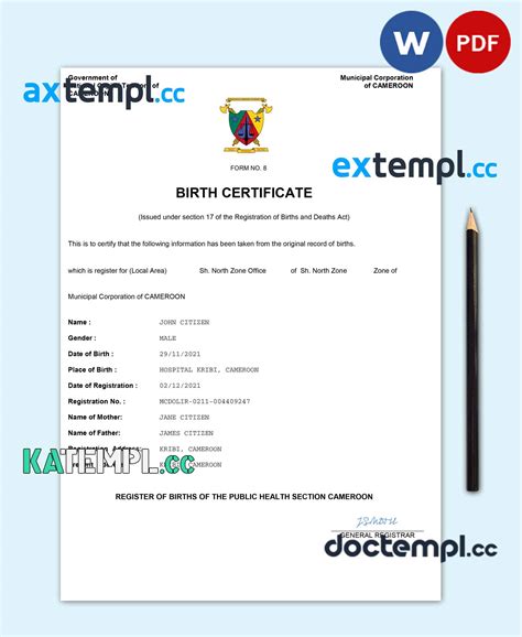 Sample Cameroon Vital Record Birth Certificate Word And Pdf Template