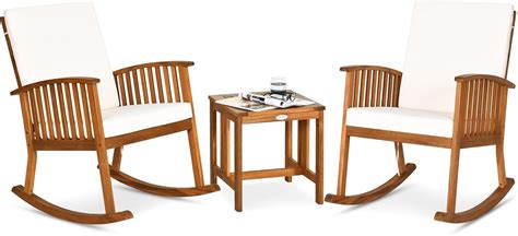 Tangkula 3 Pieces Acacia Wood Rocking Bistro Set Outdoor Furniture Front Porch