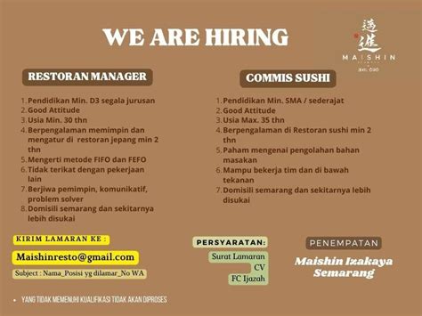 Lowongan Kerja Restaurant Manager Commis Sushi Di CV Enam Bersaudara