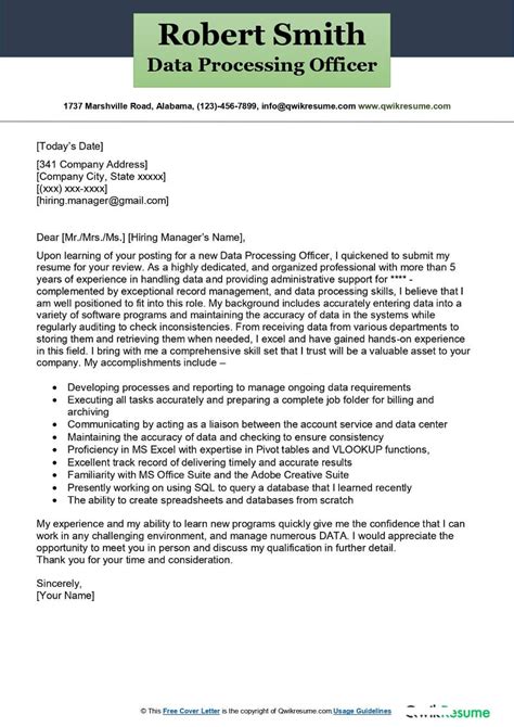 Data Processing Officer Cover Letter Examples Qwikresume