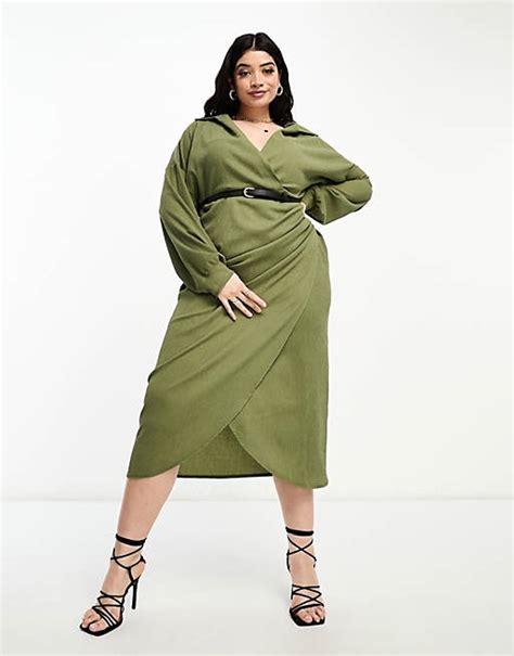 Asos Design Curve Midi Wickelkleid In Khaki Mit Struktur Und Kragen