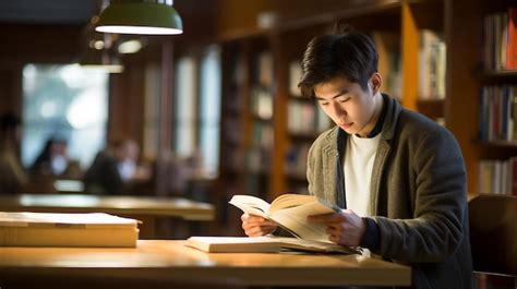 Premium Photo Young Asian Man Reading Book In Library