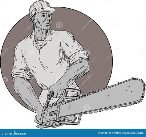 Dibujo De Holding Chainsaw Oval Del Arborista Del Leñador Ilustración