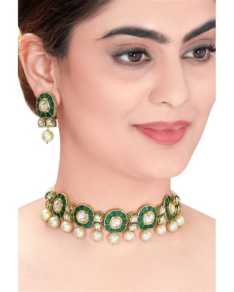 Green Meenakari Choker And Earring Set With Shell Pearls Set Of Two