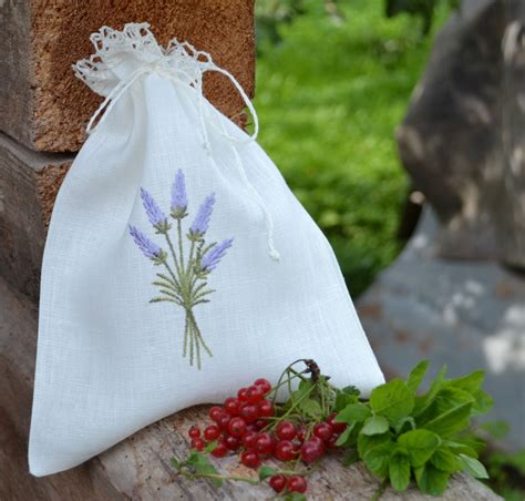 Linen Bag With Lavender Embroidery Linen Bag Bags Wedding Bag