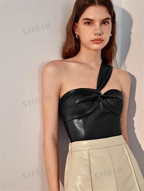 Shein Bae Tops Um Ombro Torção Frontal Couro Do Plutônio Shein Brasil