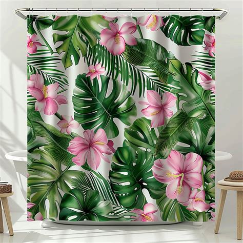 Watercolor Tropical Rainforest Shower Curtain With Pink Flowers And