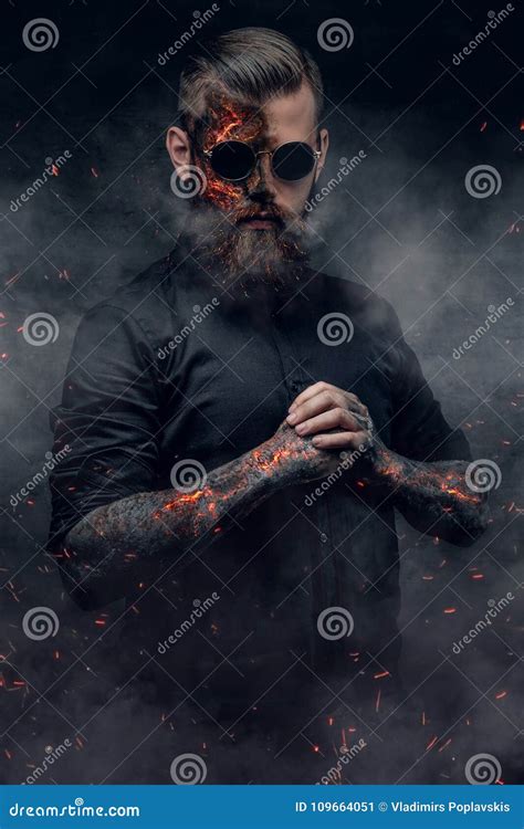 Creepy Demonic Male In A Fire Sparks And Smoke Stock Image Image Of