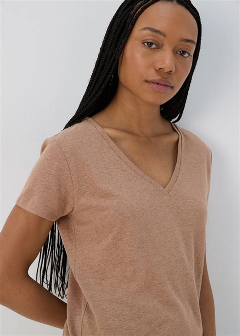 Brown Plain Linen V Neck T Shirt Matalan