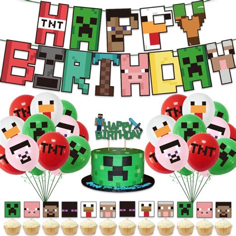 Minecraft Theme Happy Birthday Banner Cake Topper Latex Balloon Boys ...