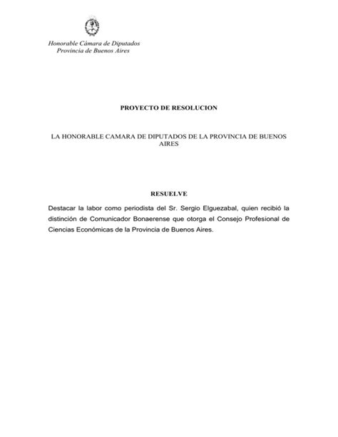 LA HONORABLE CAMARA DE DIPUTADOS DE LA PROVINCIA DE BUENOS AIRES