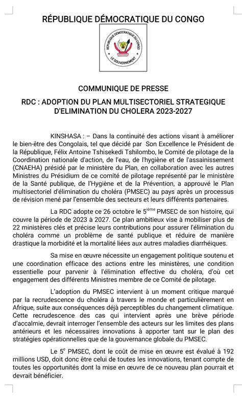 RDC adoption du Plan multisectoriel stratégique d élimination du