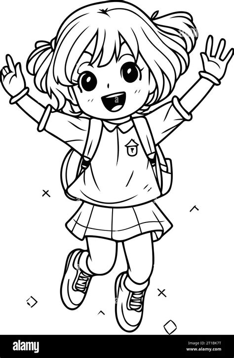 Ilustración vectorial de una pequeña colegiala feliz saltando con las