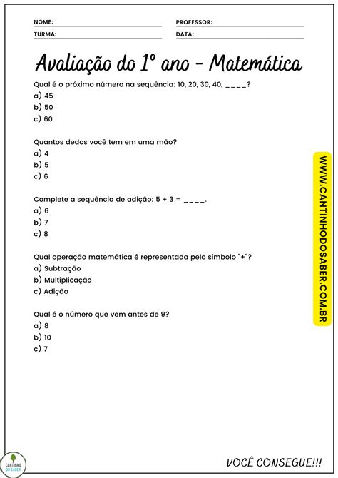 Prova De Matematica Basica - AVALIAÇÃO DE MATEMÁTICA 1º ANO - 1º BIMESTRE - ENSINO FUNDAMENTAL