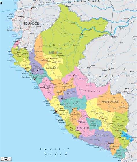 Large political and administrative map of Peru with roads, cities and ...