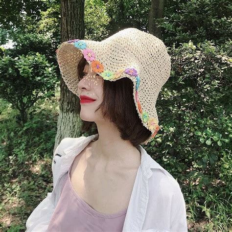 Cocopeaunts Flower Sun Hat Women Summer Straw Crochet Bucket Hat Women