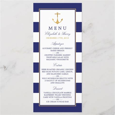 Vintage Nautical Gold Anchor Navy And Gold Wedding Menu Zazzle