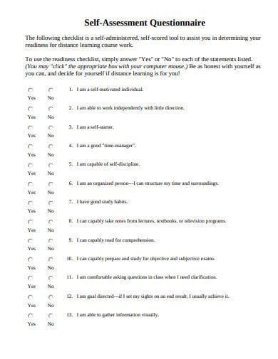 15 Self Assessment Questionnaire Templates In Pdf Doc