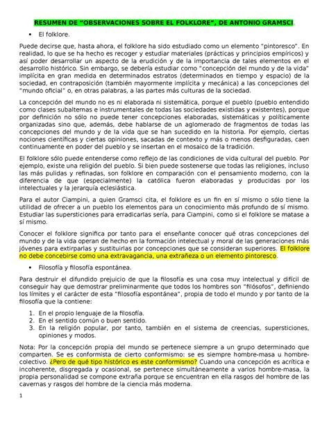 Gramsci Observaciones Sobre El Folklore Resumen RESUMEN DE SOBRE EL